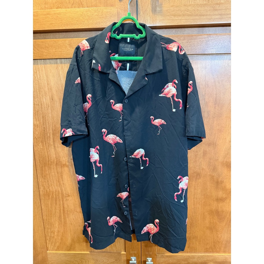 Cactus Man Ricky Singh Black Flamingo Print Short Sleeve Button-Down Shirt Men S